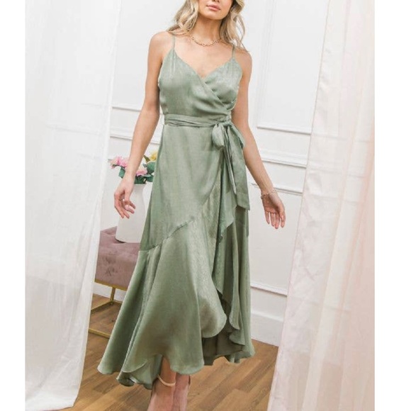 Flying Tomato Dresses & Skirts - Solid Satin Midi Sage Dress